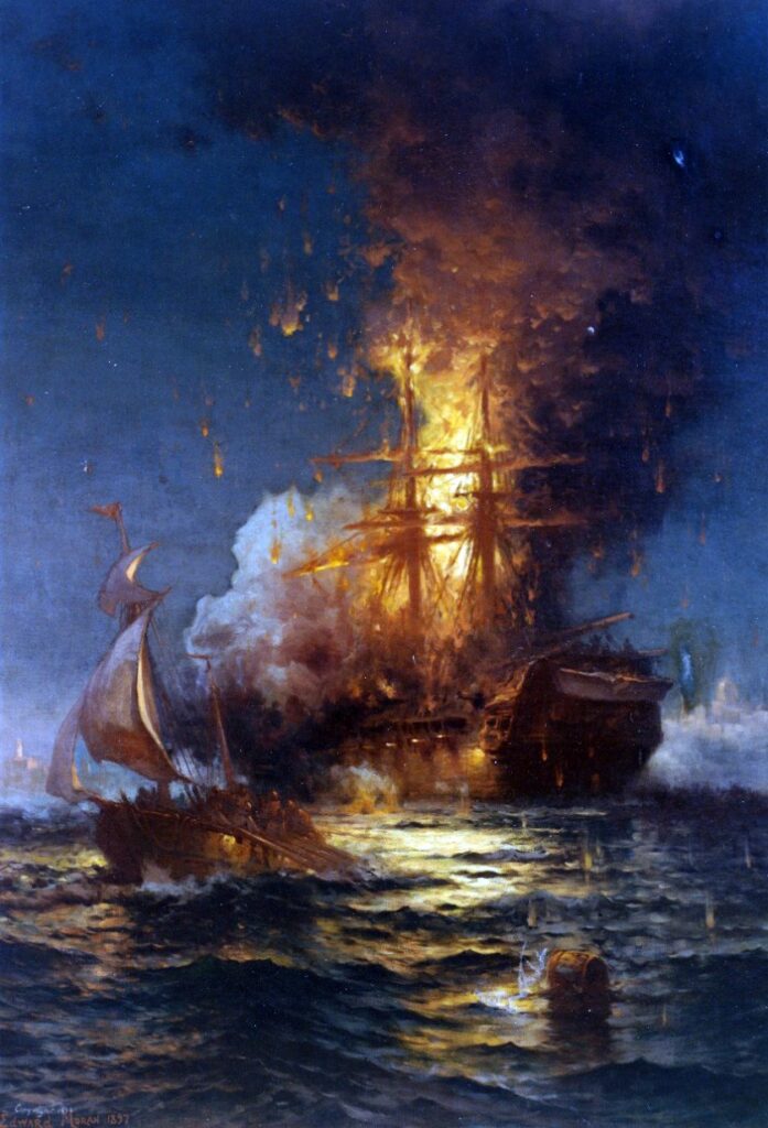 Stephen Decatur orders burning of USS Philadelphia to deny Tripolitan terrorists of its utility.